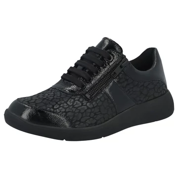 1.	Fekete leopárdmintás Solidus sneaker oldalcipzárral és fűzővel, ferdén fotózva, K széles női cipő