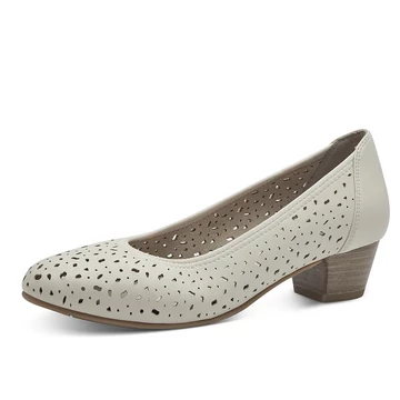 Jana krém színű körömcipő oldalnézetben, perforált felsőrésszel és 35 mm-es stabil sarokkal