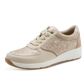 Bézs Jana női sneaker oldalnézetben, mintás felsőrésszel és vastag fehér talppal, kényelmes utcai cipő széles lábfejre