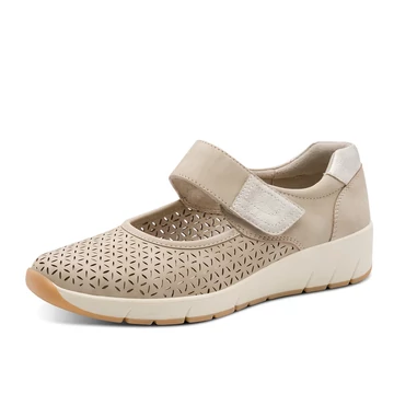 Jana bézs női félcipő bokapánttal és perforált mintával, tépőzáras záródás, könnyű rugalmas talp, kényelmes hétköznapi cipő