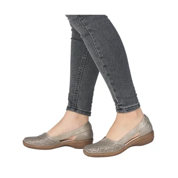 Rieker női papucscipő óarany színben, perforált nyári kényelmi cipő rugalmas pánttal és vastag stabil talppal