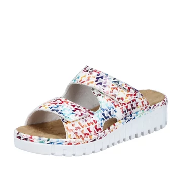 Rieker női papucs nyári hétköznapi viselethez, színes mintás felsőrész és két tépőzáras pánt oldalnézetben