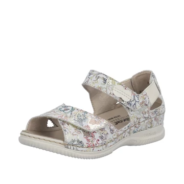 Rieker kérges szandál nyári viselethez, fehér háttéren, pasztell virágmintás bőr felsőrész és tépőzáras pántok