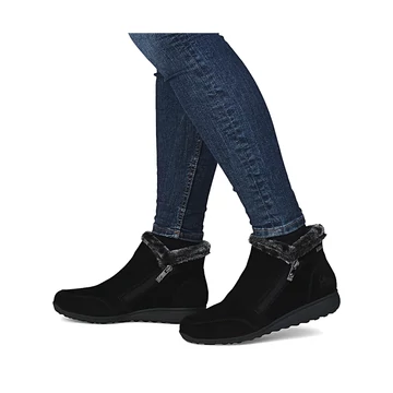 Rieker fekete téli cipő meleg szőrmebéléssel és oldalsó cipzárral, városi viseletre hideg időre