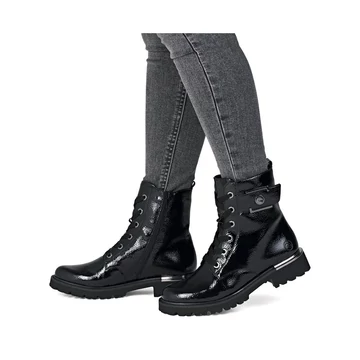 Remonte fekete lakk bakancs női téli cipő – fényes vegán bőr, városi elegáns stílus