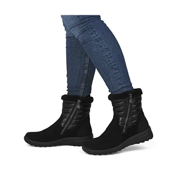 Rieker vízálló női bokacsizma fekete színben, meleg szőrmebéléssel, elegáns és kényelmes téli viselethez