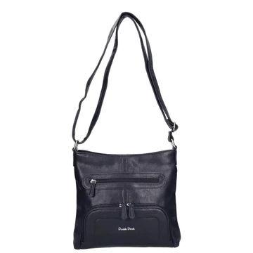 Sötétkék női válltáska előlnézet, cipzáras elülső zsebekkel