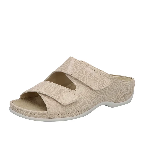 Berkemann női kényelmi papucs bézs színben, valódi bőr felsőrésszel, tépőzáras pántokkal, anatómiai talpbetéttel