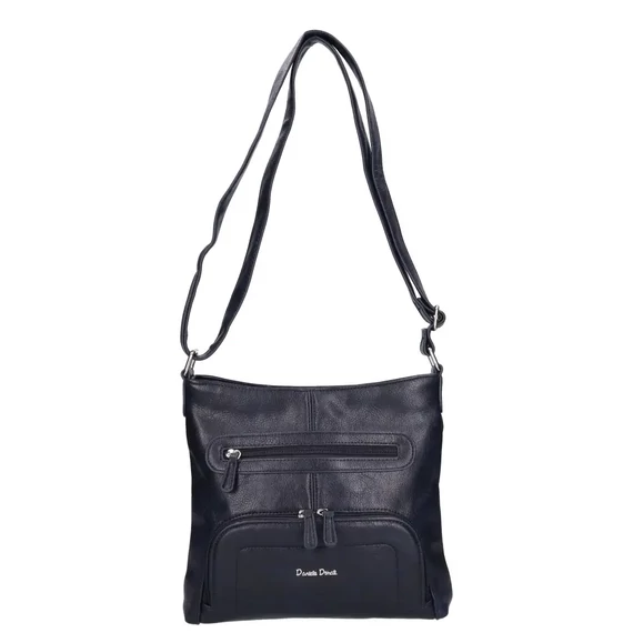 Sötétkék női válltáska előlnézet, cipzáras elülső zsebekkel