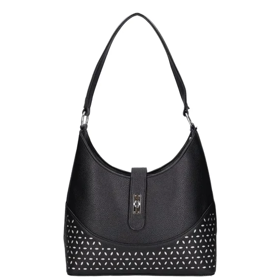 Karen modern női válltáska fekete rostbőrből, lézervágott mintával